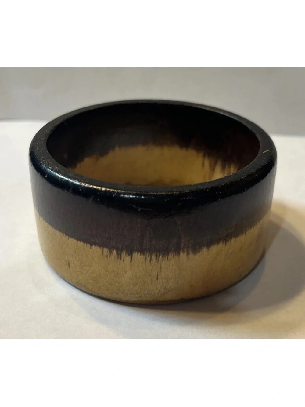 Vintage Two-Tone Wide Wooden Bangle Bracelet Black & Natural 7.8” 2.5 diameter